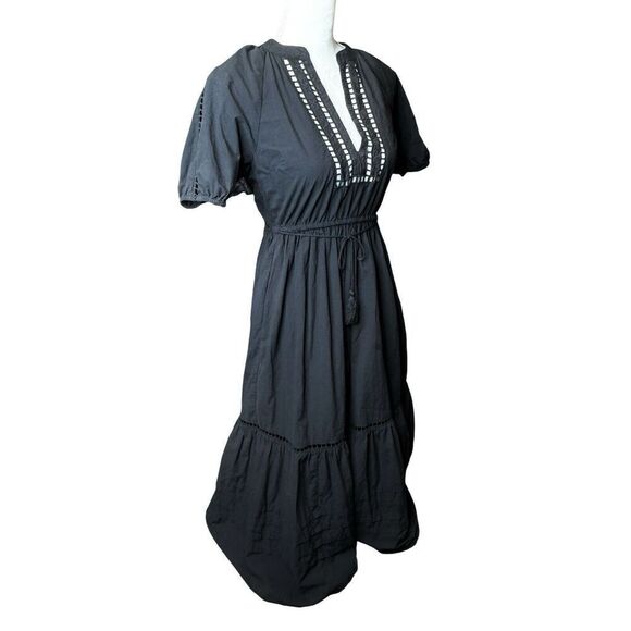 Madewell Black Poplin Tired Maxi Dress Embroidered Puff Sleeve Sz XXS - Picture 3 of 8